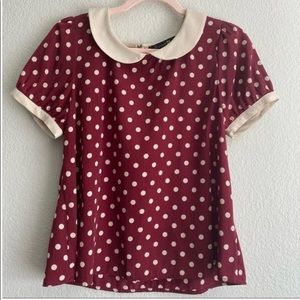 FOREVER 21 Maroon Short Sleeve Cream Polka Dot Collared Blouse Size Medium
